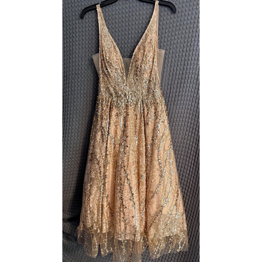 Cinderella Divine Gown Women 6 Gold Excellent Sequin Lace V-Neck Formal Dress